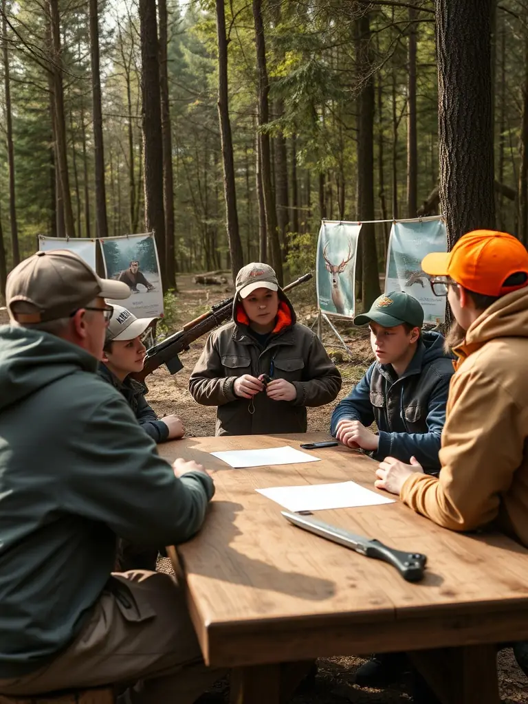 A group of young hunters participating in a workshop on responsible hunting practices in a natural setting in Cantal, France. The focus is on ethical hunting and conservation.