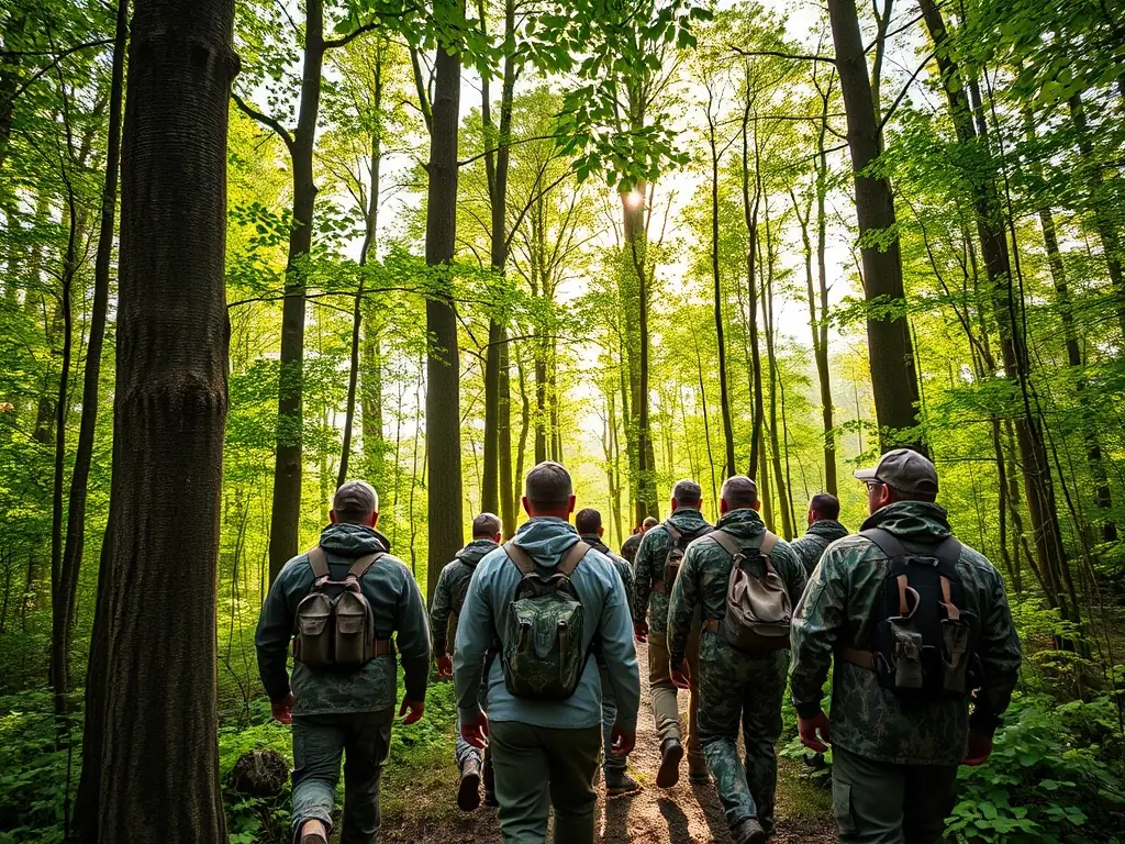 A group of young hunters participating in a wildlife tracking workshop in a forest setting, learning to identify animal footprints and signs.