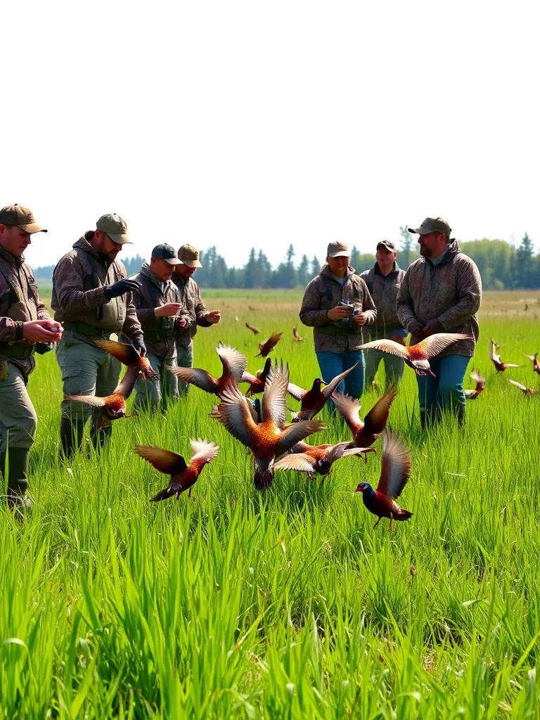 A group of young hunters releasing pheasants into a designated hunting area as part of a game management program, promoting biodiversity.