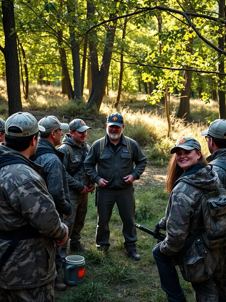 A group of young hunters participating in a wildlife management workshop in a forest setting, focusing on learning about animal tracking and habitat preservation.