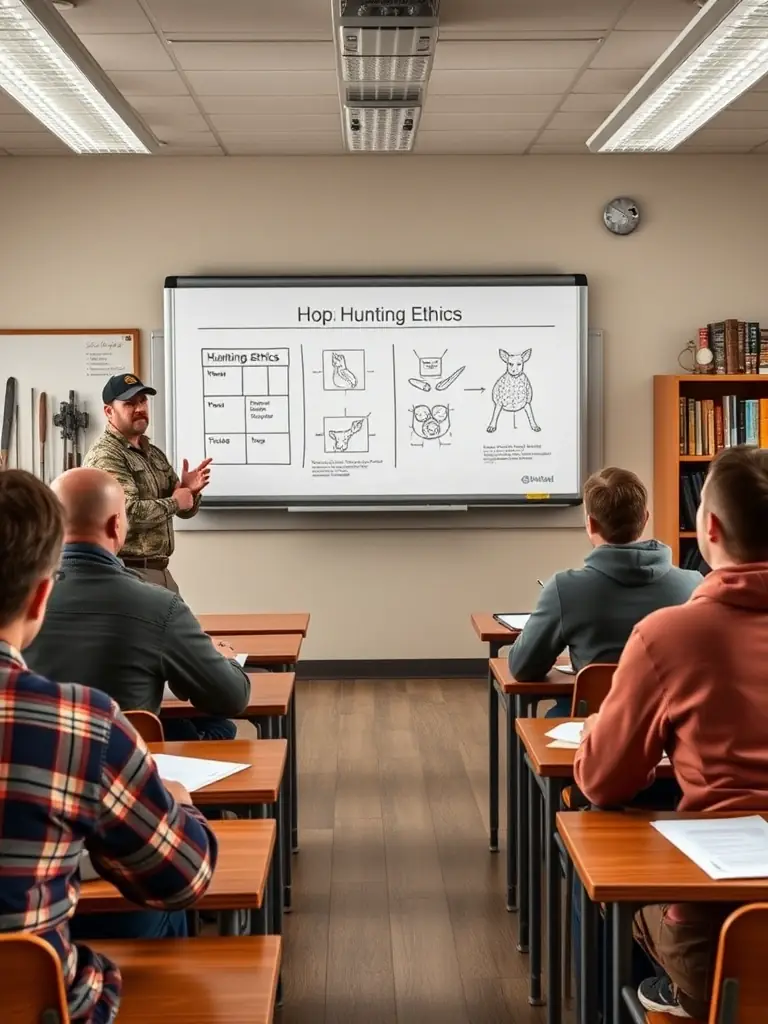 Young hunters learning about sustainable hunting practices from a seasoned instructor in a classroom setting, with charts and diagrams illustrating wildlife populations.
