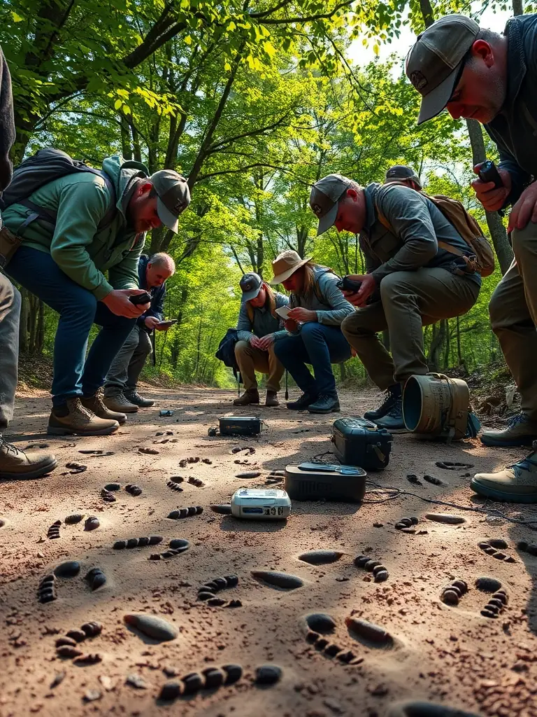 A group of young hunters participating in a wildlife tracking workshop in the Cantal region, focusing on identifying animal footprints in the snow.