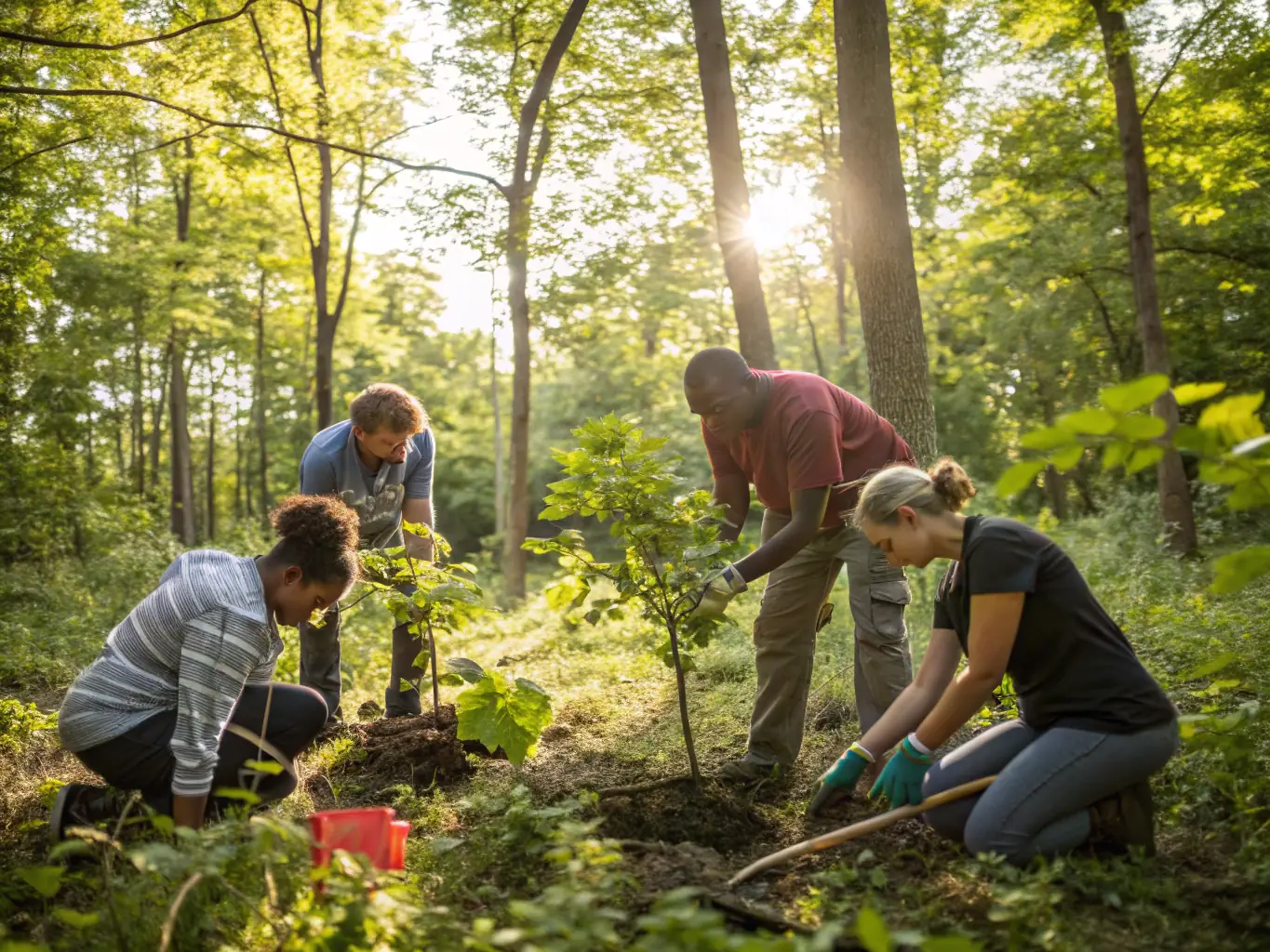 A group of young hunters and conservationists working together on a habitat restoration project, planting trees and clearing invasive species.