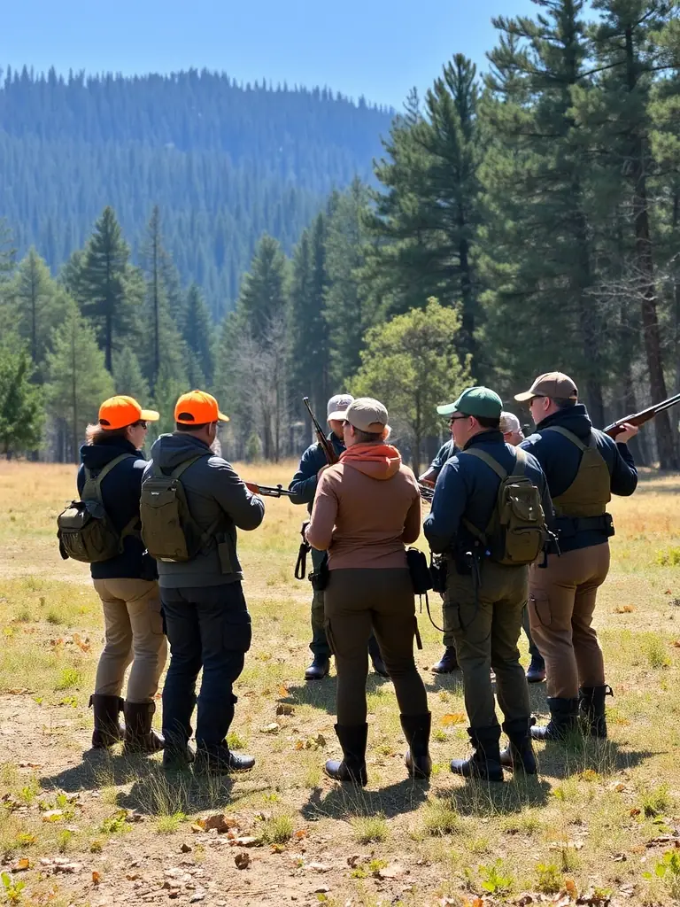 Young hunters cleaning and maintaining their hunting rifles under the supervision of a certified instructor, emphasizing safety and proper firearm handling.