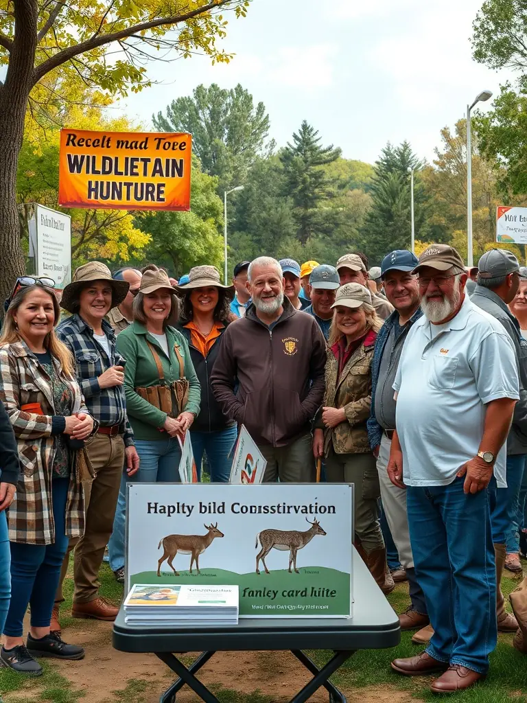 Young hunters engaging with local community members during a public dialogue event, discussing the importance of responsible hunting and ecological balance.